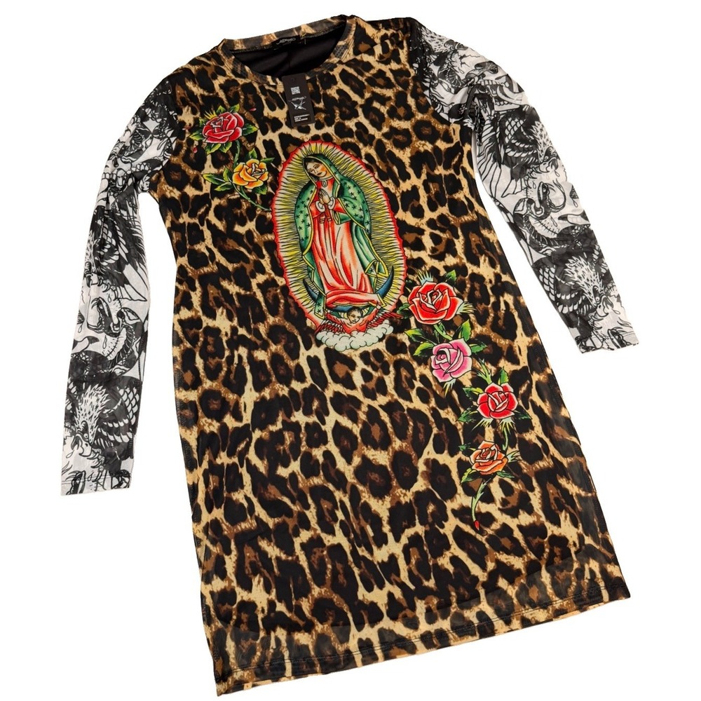 NWT Ed Hardy Mesh Mini Dress 1X Leopard Virgin Mary Tattoo Sleeves Y2K Rock